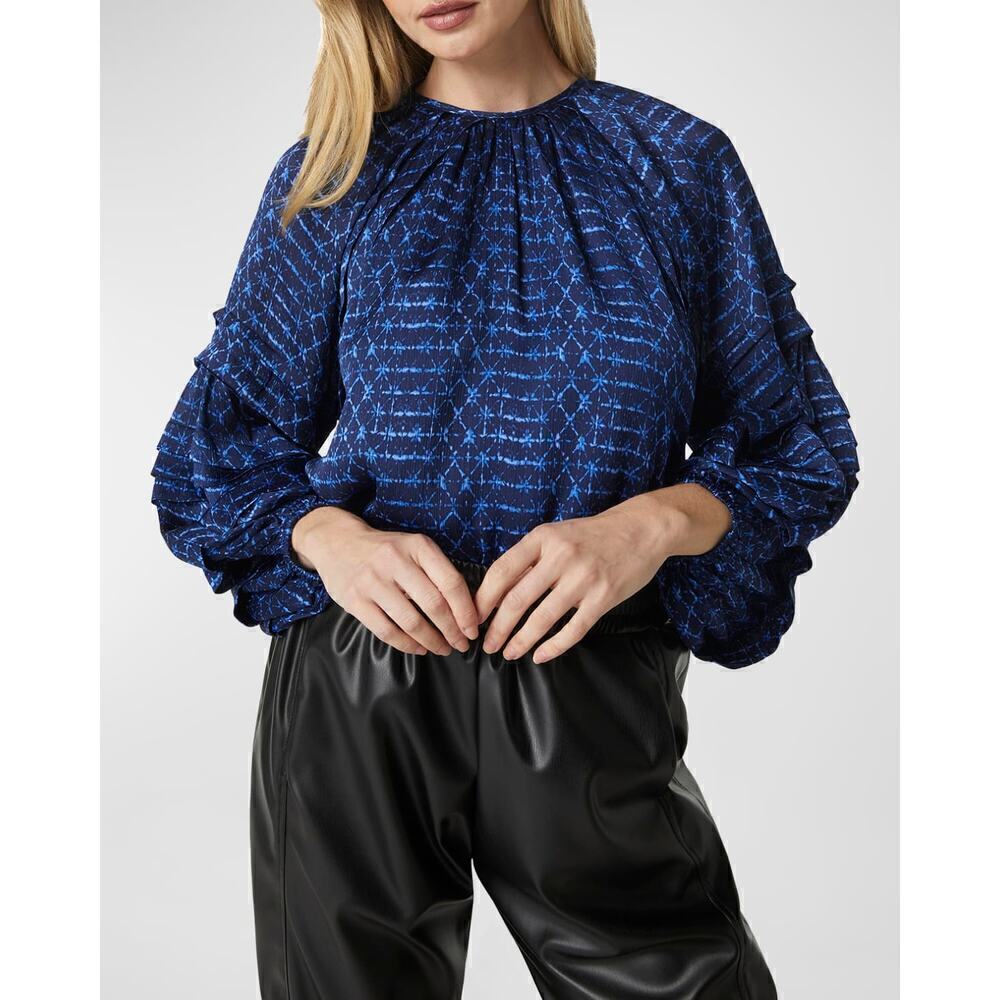 Misa Victoire Top Shibori Dyed Pleated Ruffle Puff-Sleeve Blouse Blue NWT Medium